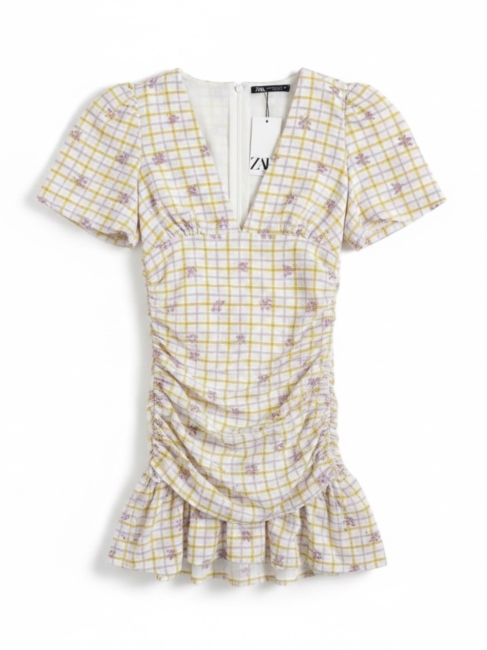 ZARA XS Ruched Plaid Floral Mini Dress Puff Sleeve Cottagecore
